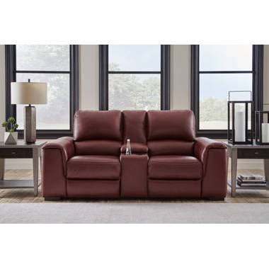 Red leather reclining loveseat with online console